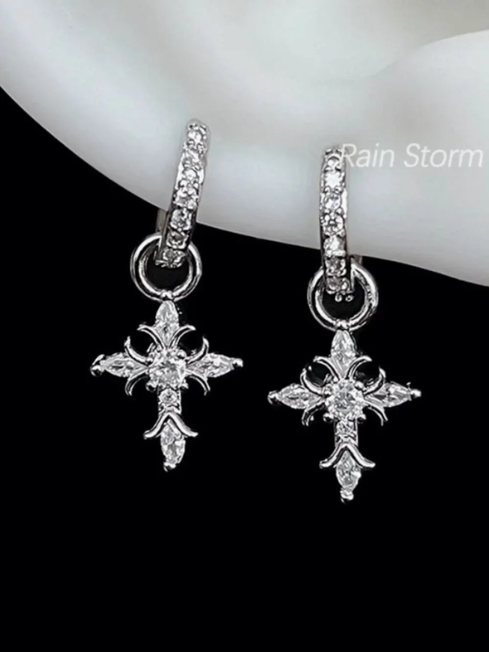 MOS COLLECTION Silver Cross Drop Hoop Earrings CZ Gothic Cross Dangle Earrings